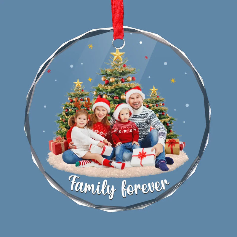 Custom Photo Christmas With My Family Is My Happy Place - Family Personalized Custom Circle Glass Ornament - Christmas Gift For Family Members