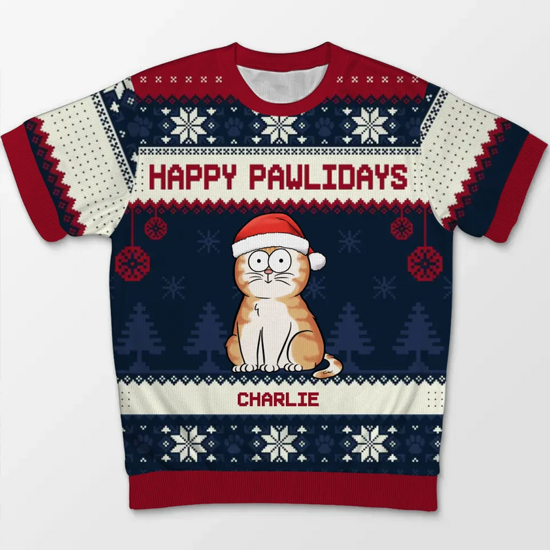 Happy Pawlidays - Dog & Cat Personalized Custom All Over Print Adult Short Sleeve Sweater - Christmas Gift For Pet Owners, Pet Lovers