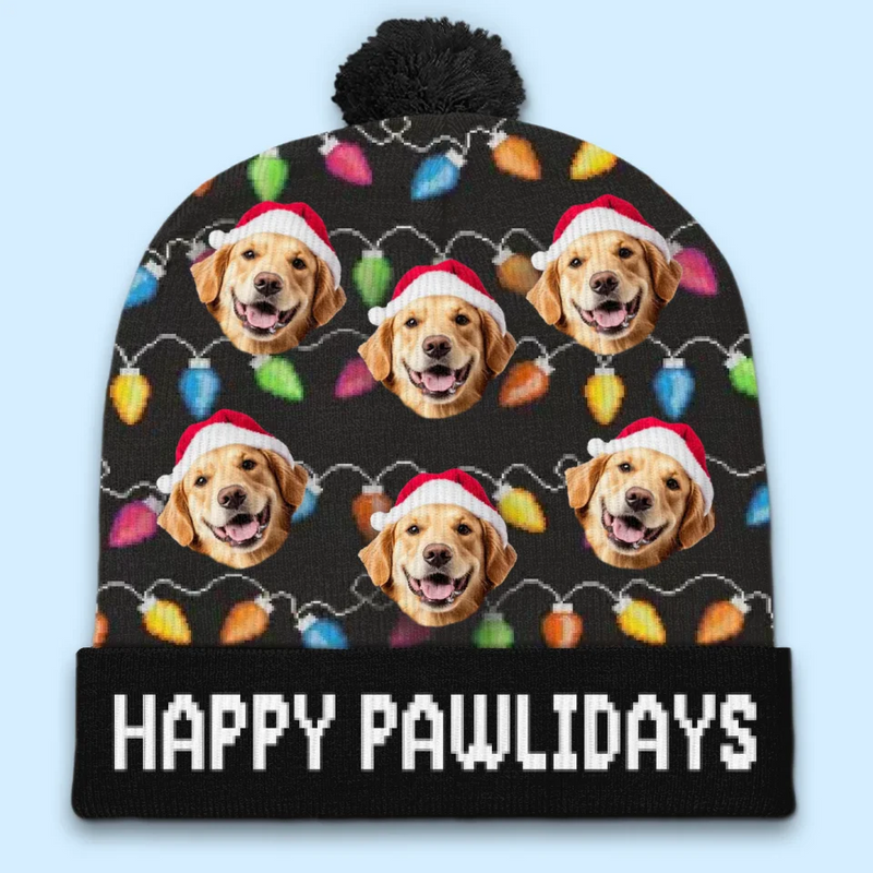 Custom Photo Happy Pawlidays - Dog & Cat Personalized Custom Christmas Beanie Hat - Christmas Gift For Pet Owners, Pet Lovers