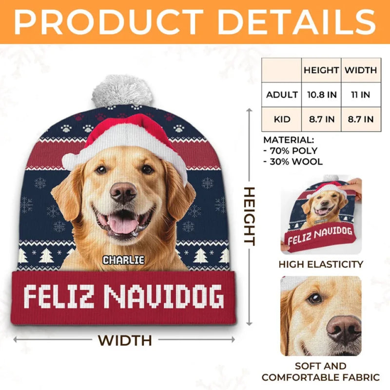 Custom Photo Feliz Navidog - Dog & Cat Personalized Custom Christmas Beanie Hat - Christmas Gift For Pet Owners, Pet Lovers