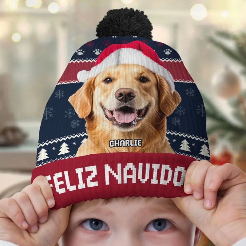 Custom Photo Feliz Navidog - Dog & Cat Personalized Custom Christmas Beanie Hat - Christmas Gift For Pet Owners, Pet Lovers