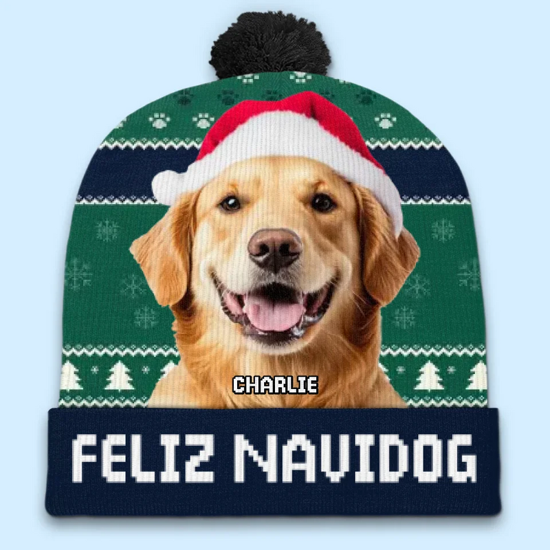 Custom Photo Feliz Navidog - Dog & Cat Personalized Custom Christmas Beanie Hat - Christmas Gift For Pet Owners, Pet Lovers