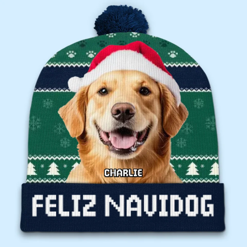 Custom Photo Feliz Navidog - Dog & Cat Personalized Custom Christmas Beanie Hat - Christmas Gift For Pet Owners, Pet Lovers