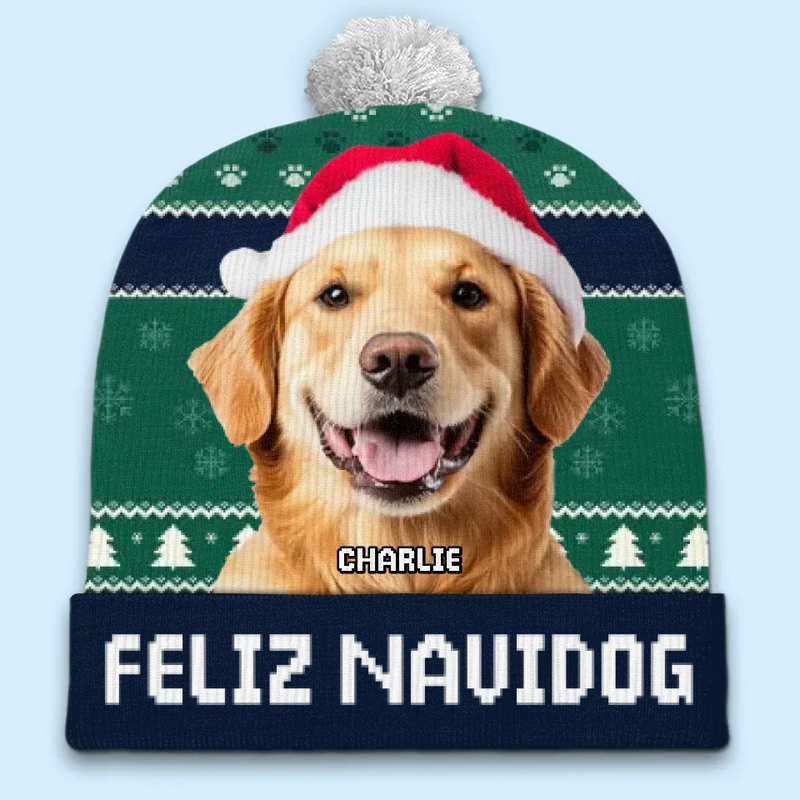 Custom Photo Feliz Navidog - Dog & Cat Personalized Custom Christmas Beanie Hat - Christmas Gift For Pet Owners, Pet Lovers