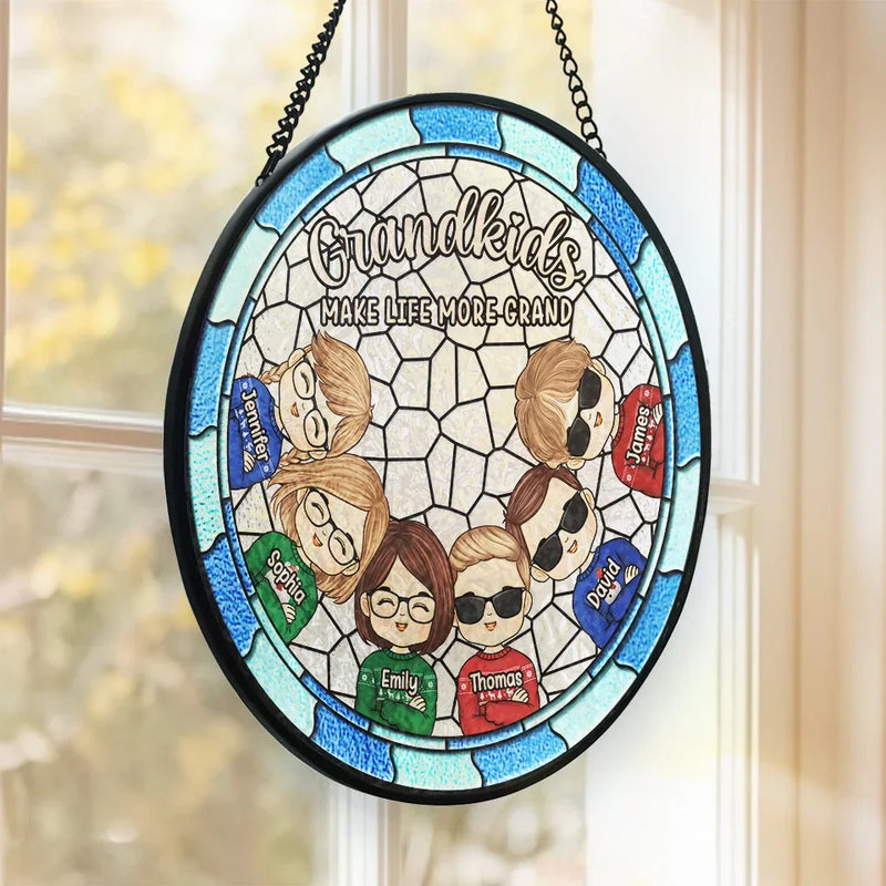 Grandkids Make Life More Grand - Family Personalized Custom Stained Glass Window Hanging Suncatcher - Christmas Gift For Grandma, Grandpa