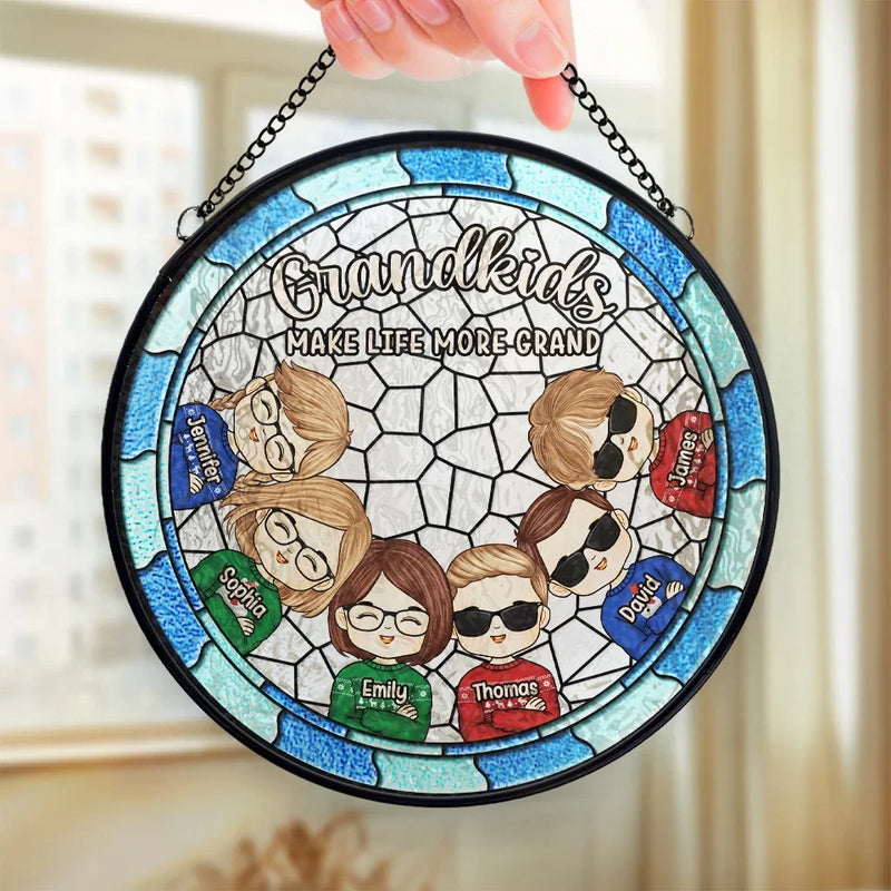 Grandkids Make Life More Grand - Family Personalized Custom Stained Glass Window Hanging Suncatcher - Christmas Gift For Grandma, Grandpa