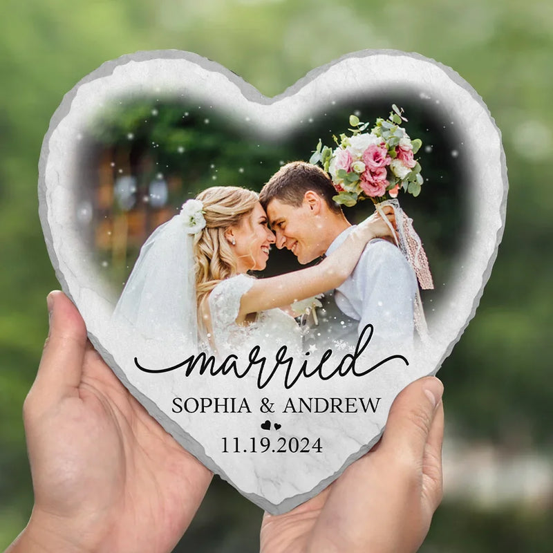 Custom Photo Our First Holiday Together Is A Cherished Gift - Couple Personalized Custom Heart Shaped Stone With Stand - Christmas Gift For Husband Wife, Anniversary, First Christmas