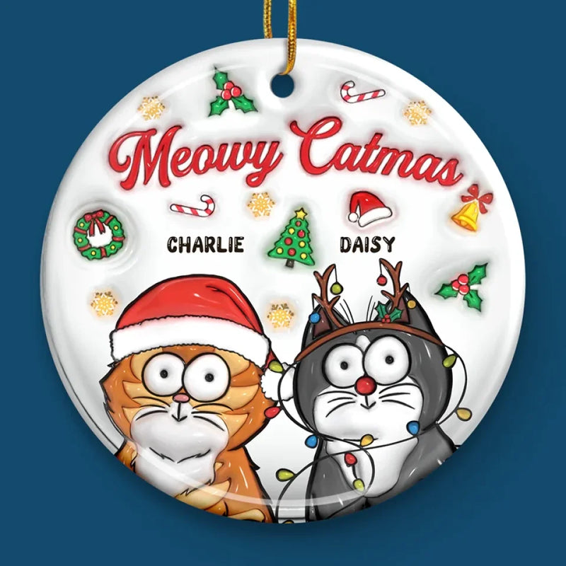 Meowy Catmas - Cat Personalized Custom 3D Inflated Effect Printed Ornament - Ceramic Round Shaped - Christmas Gift For Pet Owners, Pet Lovers