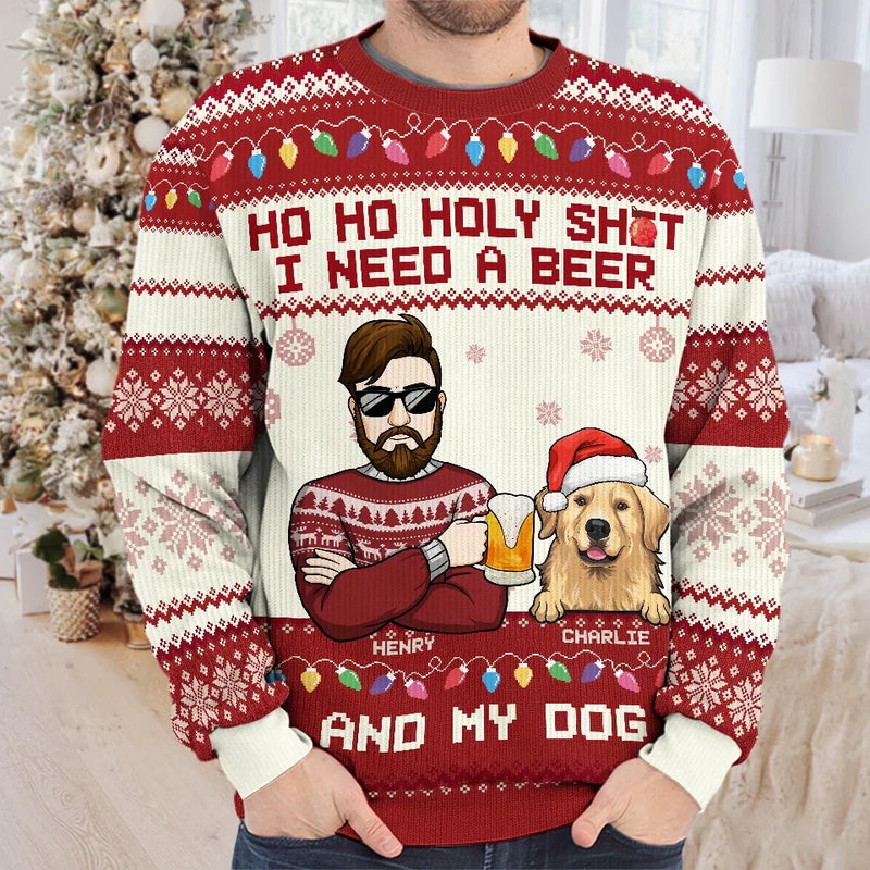 Sipping On A Beer And Snuggling With My Dog This Christmas - Dog Personalized Custom Ugly Sweatshirt - Unisex Wool Jumper - Christmas Gift For Pet Owners, Pet Lovers