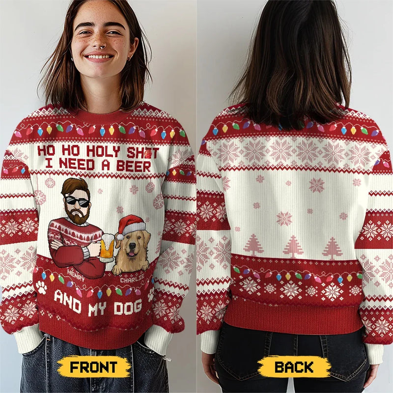 Sipping On A Beer And Snuggling With My Dog This Christmas - Dog Personalized Custom Ugly Sweatshirt - Unisex Wool Jumper - Christmas Gift For Pet Owners, Pet Lovers