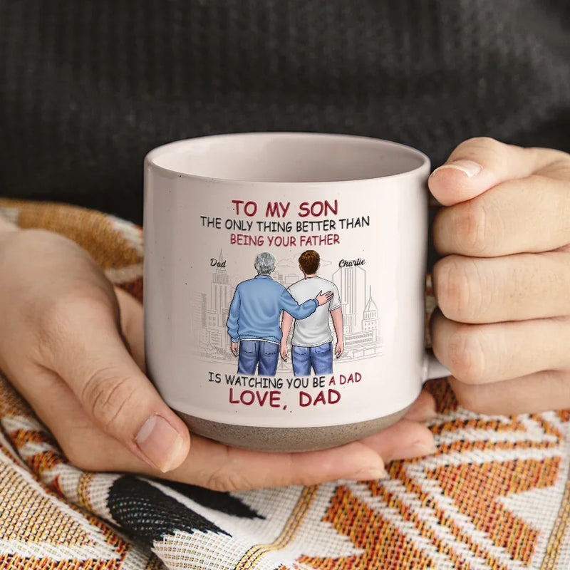 Cheers To You As You Step Into Fatherhood - Family Personalized Custom Printed Pottery Mug - Gift For Son, Grandson