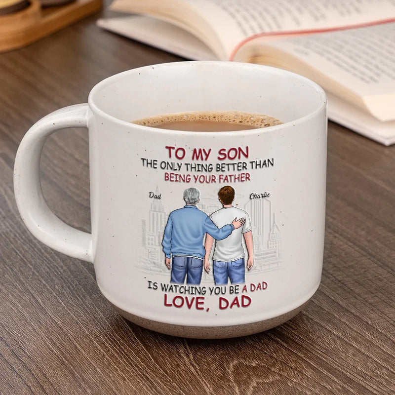 Cheers To You As You Step Into Fatherhood - Family Personalized Custom Printed Pottery Mug - Gift For Son, Grandson