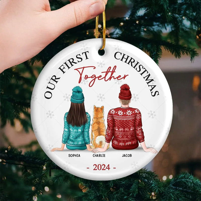The Best Presents This Year - Couple Personalized Custom Ornament - Ceramic Round Shaped - Christmas Gift For Husband Wife, Anniversary, Pet Owners, Pet Lovers