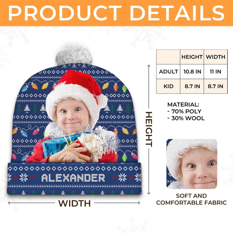 Custom Photo Wherever We Are, Family Is Christmas - Family Personalized Custom Christmas Beanie Hat - Christmas Gift For Family Members