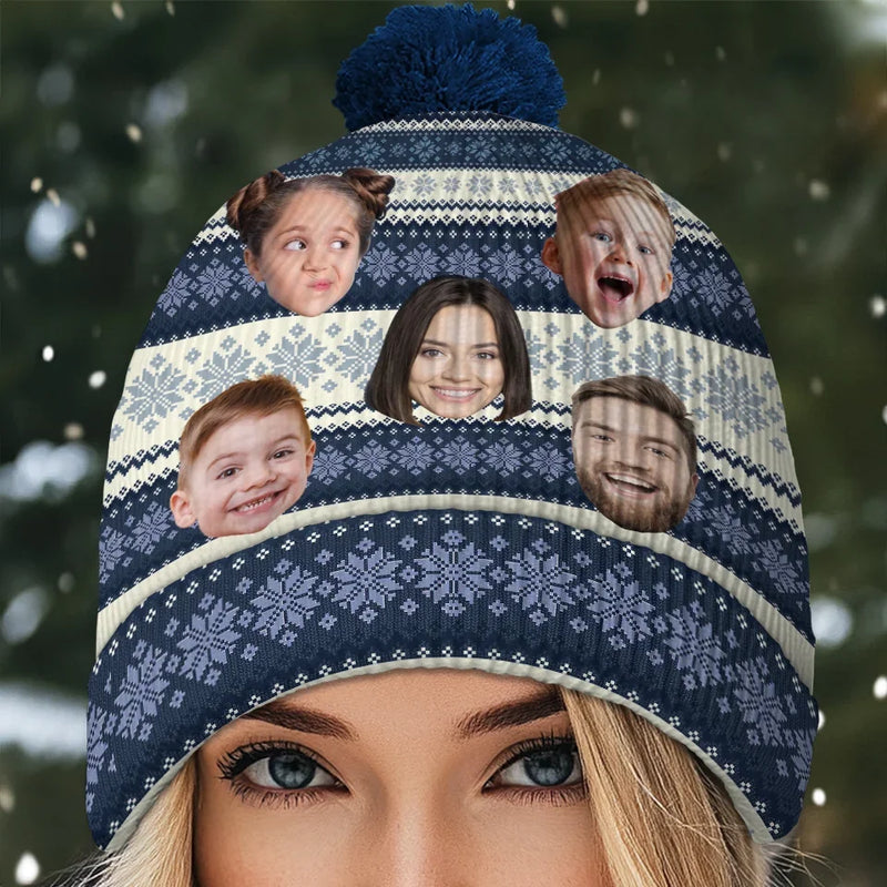 Custom Photo Family Makes Christmas Merrier And Brighter - Family Personalized Custom Christmas Beanie Hat - Christmas Gift For Family Members
