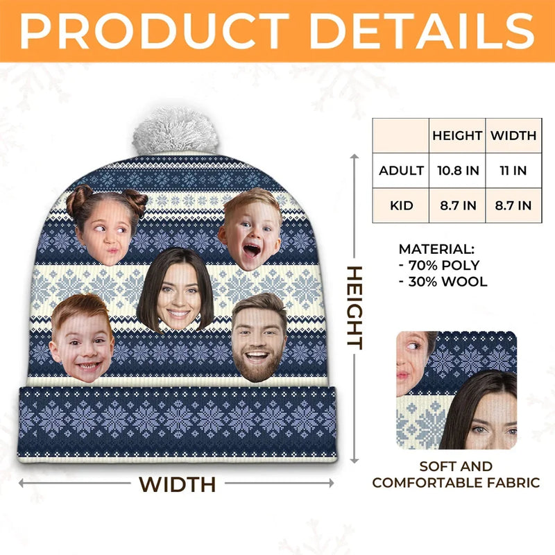 Custom Photo Family Makes Christmas Merrier And Brighter - Family Personalized Custom Christmas Beanie Hat - Christmas Gift For Family Members