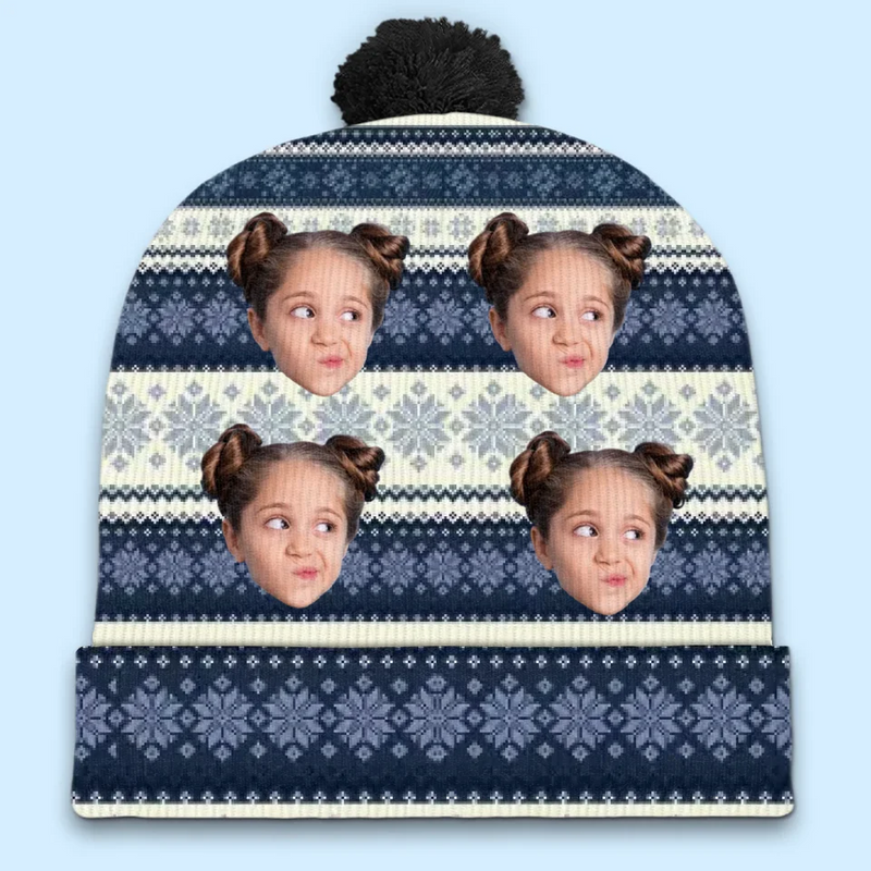 Custom Photo Family Makes Christmas Merrier And Brighter - Family Personalized Custom Christmas Beanie Hat - Christmas Gift For Family Members