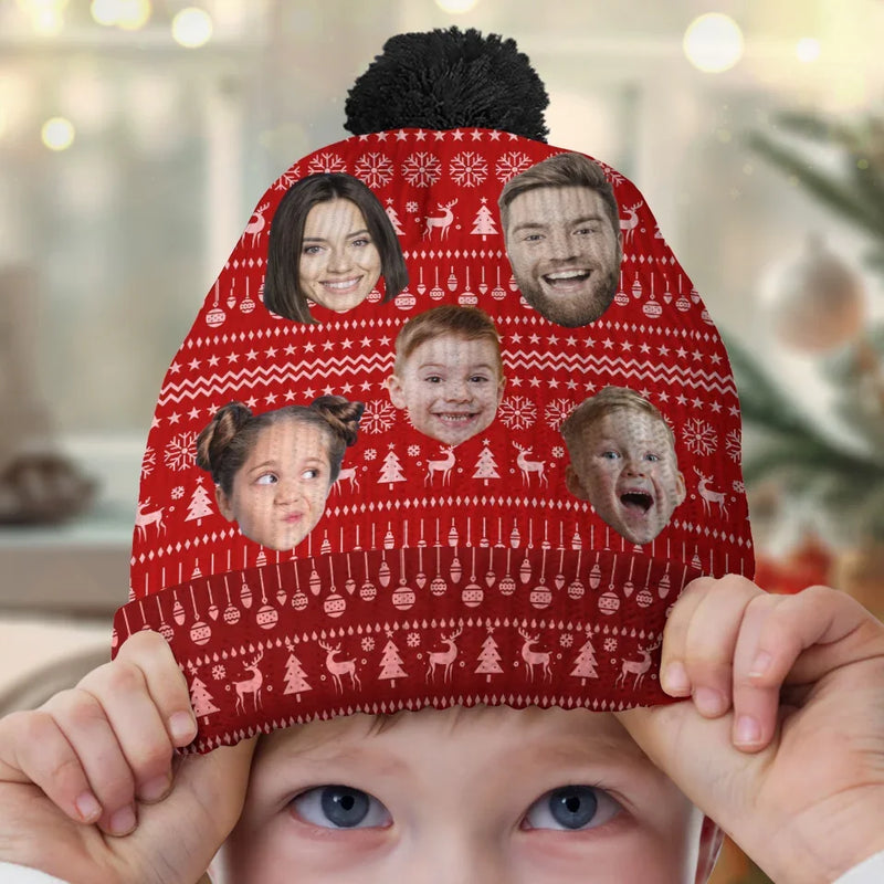 Custom Photo Family Is The Heart Of Christmas Joy - Family Personalized Custom Christmas Beanie Hat - Christmas Gift For Family Members