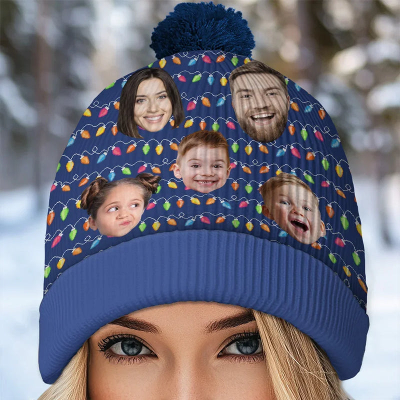 Custom Photo Family Brings Us Peace - Family Personalized Custom Christmas Beanie Hat - Christmas Gift For Family Members