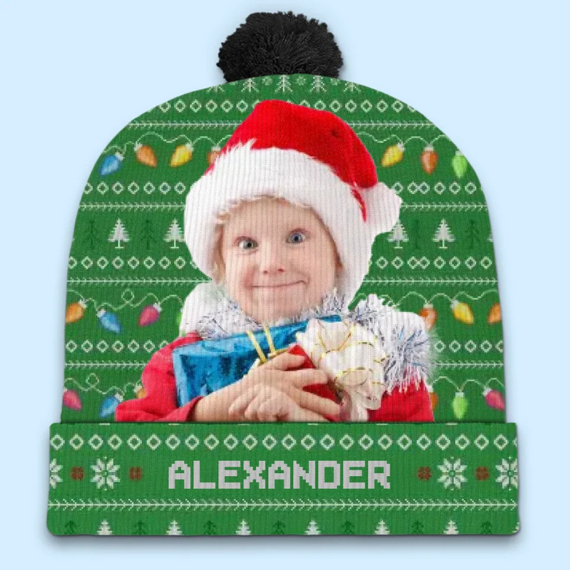 Custom Photo Wherever We Are, Family Is Christmas - Family Personalized Custom Christmas Beanie Hat - Christmas Gift For Family Members