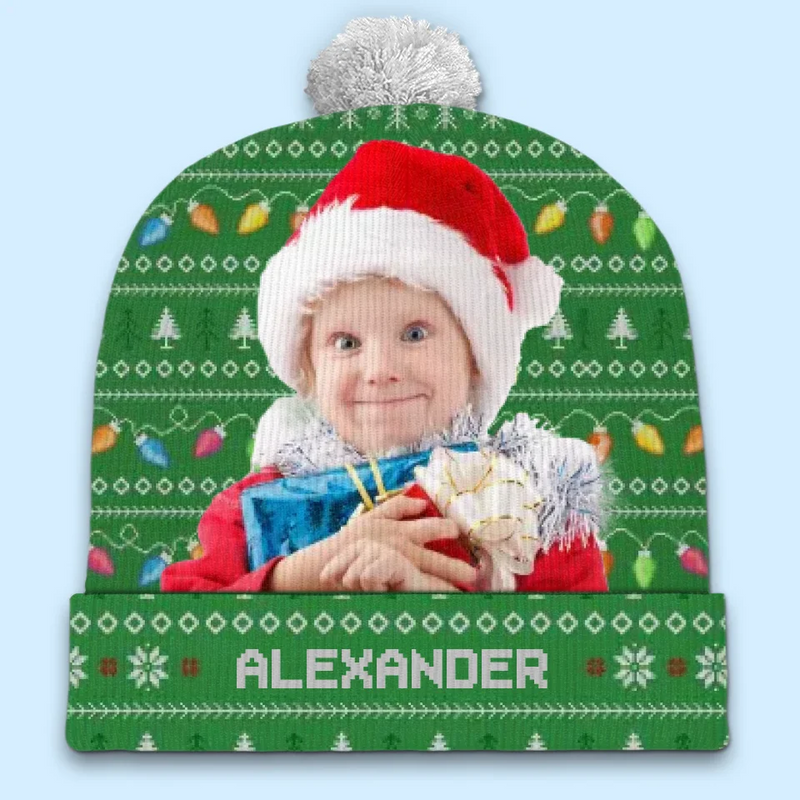 Custom Photo Wherever We Are, Family Is Christmas - Family Personalized Custom Christmas Beanie Hat - Christmas Gift For Family Members