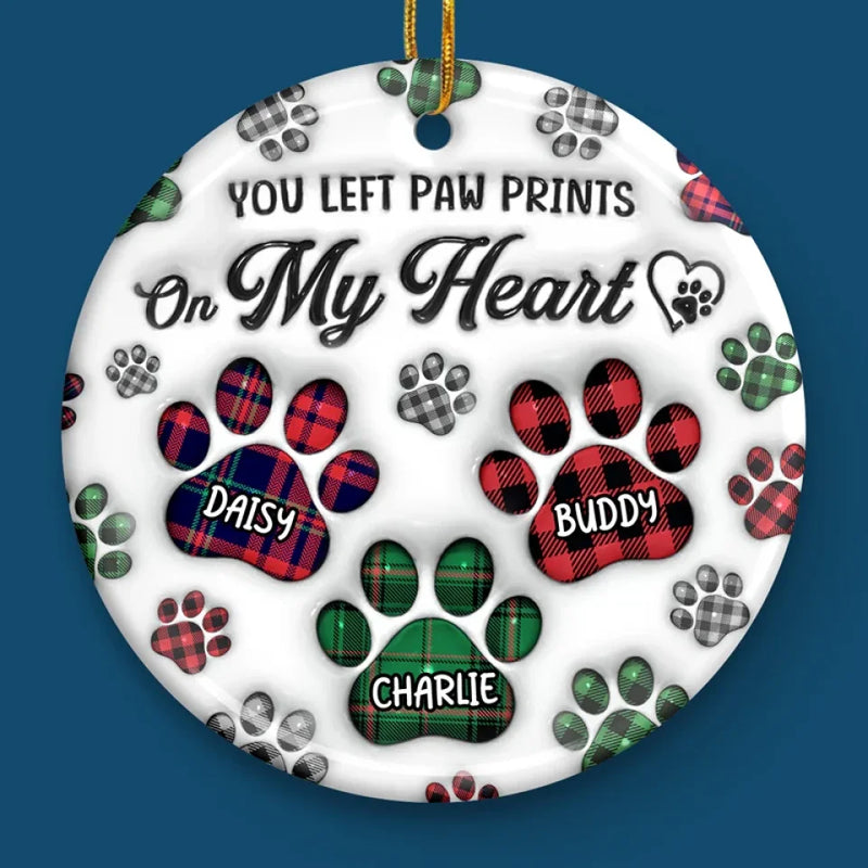 You Left Paw Prints On My Heart - Memorial Personalized Custom 3D Inflated Effect Printed Ornament - Ceramic Round Shaped - Sympathy Gift, Christmas Gift For Pet Owners, Pet Lovers