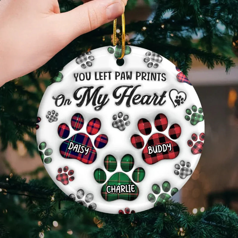 You Left Paw Prints On My Heart - Memorial Personalized Custom 3D Inflated Effect Printed Ornament - Ceramic Round Shaped - Sympathy Gift, Christmas Gift For Pet Owners, Pet Lovers