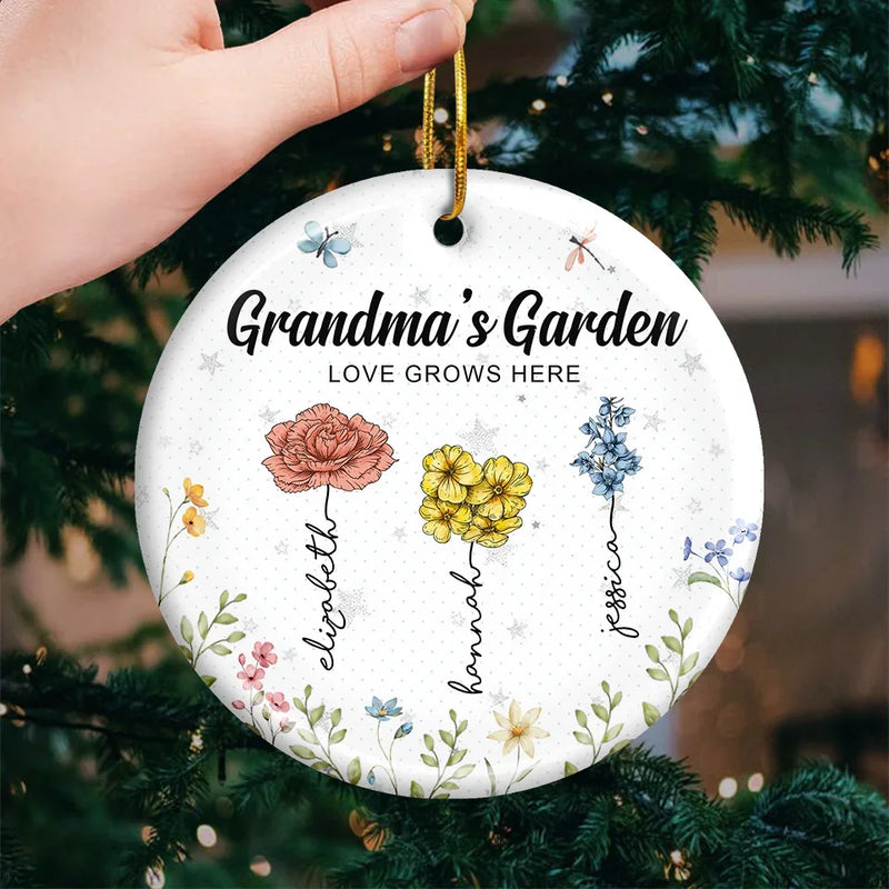 Just As Flowers Bring Color To The Garden, Grandma Bring Joy To Our Hearts - Family Personalized Custom Ornament - Ceramic Round Shaped - Christmas Gift For Grandma