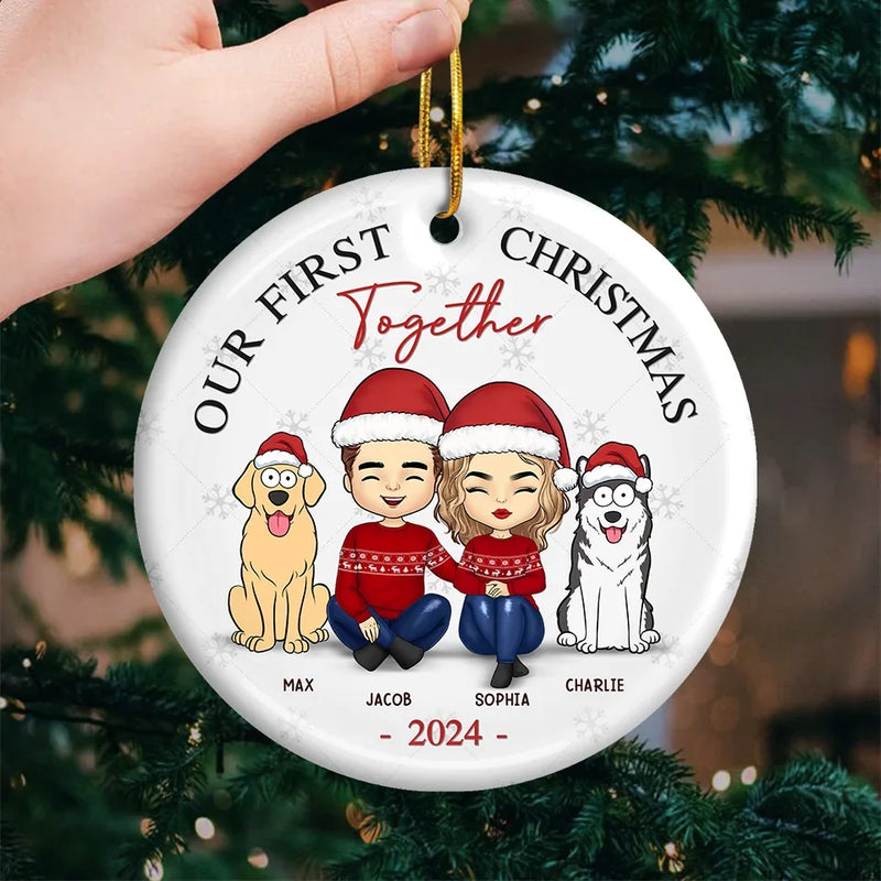 Mistletoe Kisses And Paw Prints In The Snow - Couple Personalized Custom Ornament - Ceramic Round Shaped - Christmas Gift For Husband Wife, Anniversary, Pet Owners, Pet Lovers, First Christmas