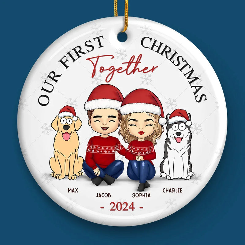 Mistletoe Kisses And Paw Prints In The Snow - Couple Personalized Custom Ornament - Ceramic Round Shaped - Christmas Gift For Husband Wife, Anniversary, Pet Owners, Pet Lovers, First Christmas