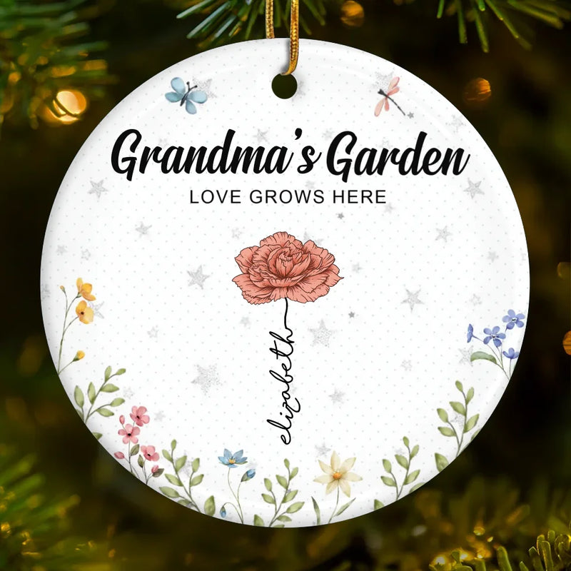 Just As Flowers Bring Color To The Garden, Grandma Bring Joy To Our Hearts - Family Personalized Custom Ornament - Ceramic Round Shaped - Christmas Gift For Grandma