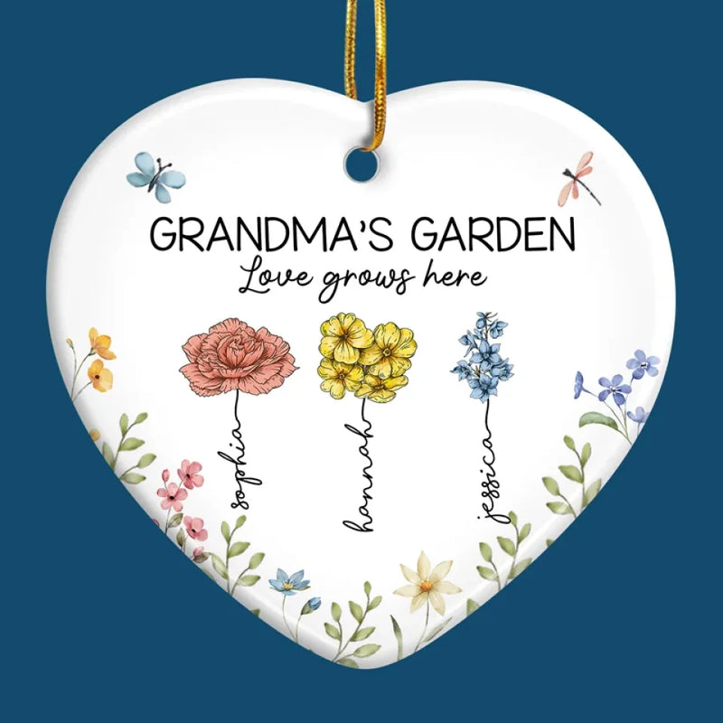Grandma's Favorite Garden - Family Personalized Custom Ornament - Ceramic Heart Shaped - Christmas Gift For Grandma, Grandkid