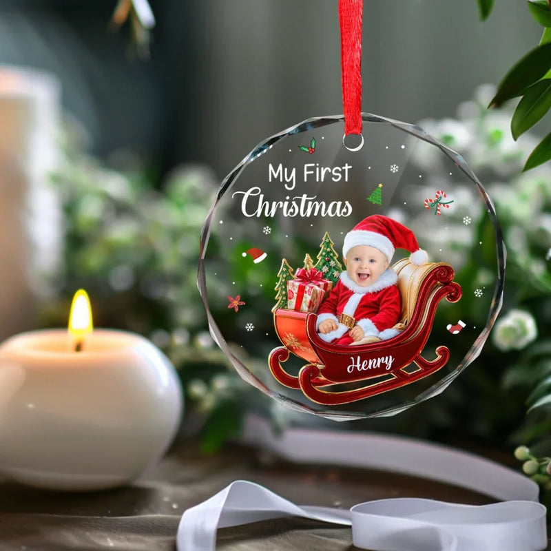 Custom Photo My Adorable Little Santa Who Brings Joy To My Heart - Family Personalized Custom Circle Glass Ornament - Christmas Gift For Baby Kids, Newborn Baby, First Christmas