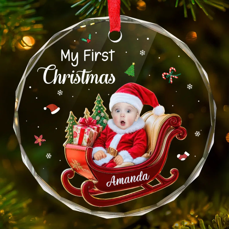 Custom Photo My Adorable Little Santa Who Brings Joy To My Heart - Family Personalized Custom Circle Glass Ornament - Christmas Gift For Baby Kids, Newborn Baby, First Christmas