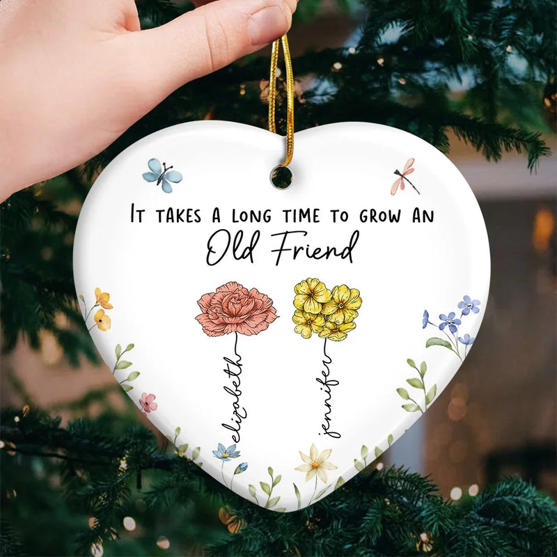 Besties Bloom Together Like Wildflowers - Bestie Personalized Custom Ornament - Ceramic Heart Shaped - Christmas Gift For Best Friends, BFF, Sisters
