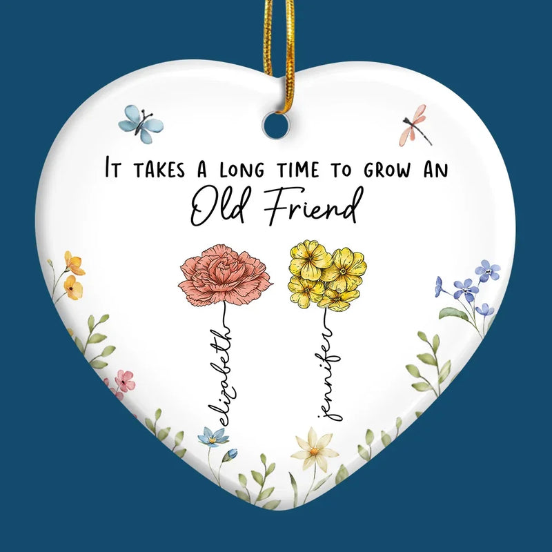 Besties Bloom Together Like Wildflowers - Bestie Personalized Custom Ornament - Ceramic Heart Shaped - Christmas Gift For Best Friends, BFF, Sisters