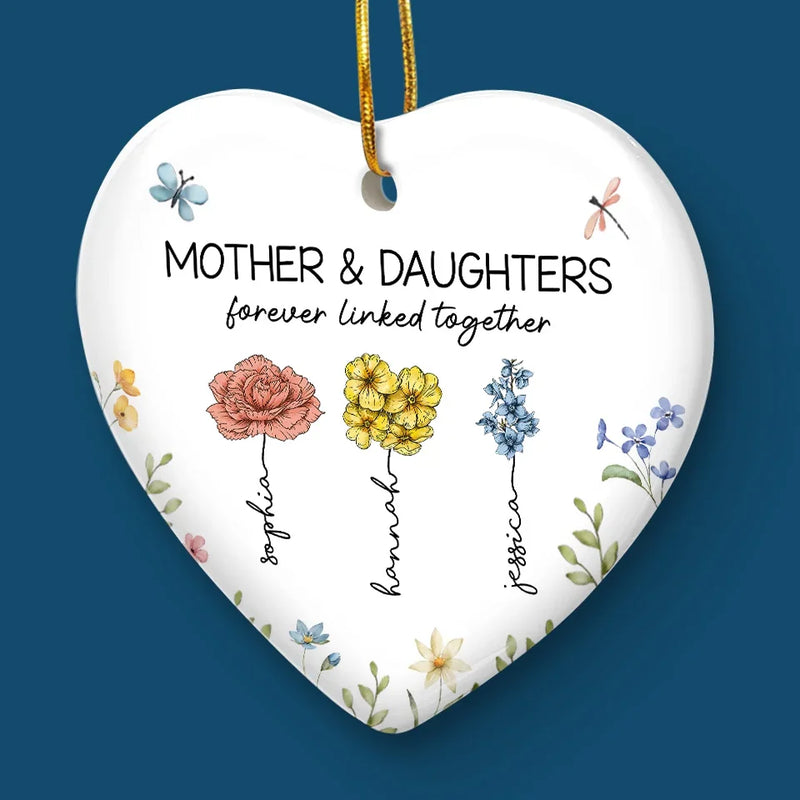 Mother & Daughters Forever Linked Together - Family Personalized Custom Ornament - Ceramic Heart Shaped - Christmas Gift For Mom, Daughter