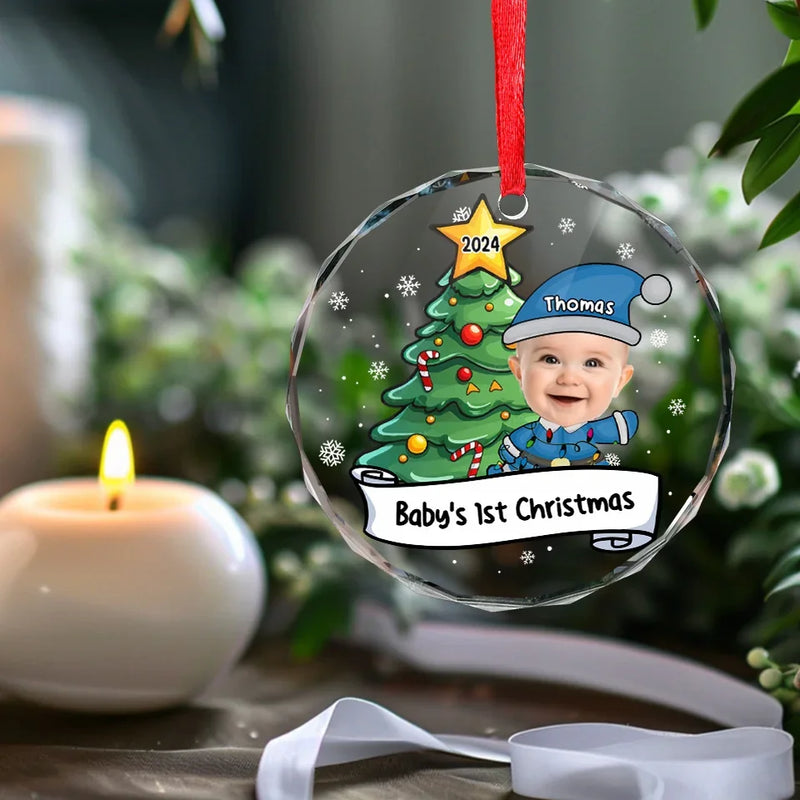 Custom Photo Let's Rock Around The Christmas Tree - Family Personalized Custom Circle Glass Ornament - Christmas Gift For Baby Kids, Newborn Baby, First Christmas