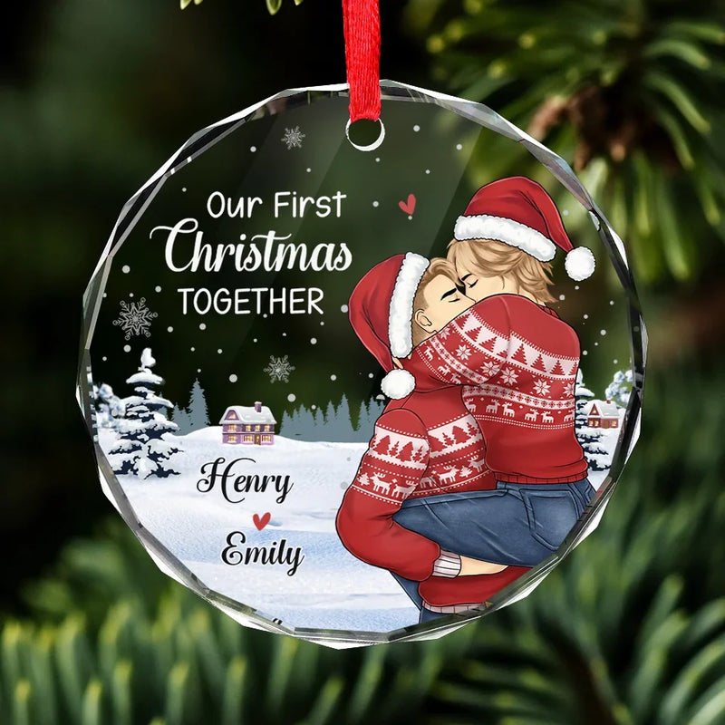 Our First Christmas - Couple Personalized Custom Circle Glass Ornament - Gift For Husband Wife, Anniversary, First Christmas