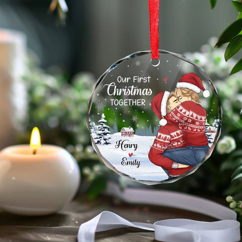 Our First Christmas - Couple Personalized Custom Circle Glass Ornament - Gift For Husband Wife, Anniversary, First Christmas