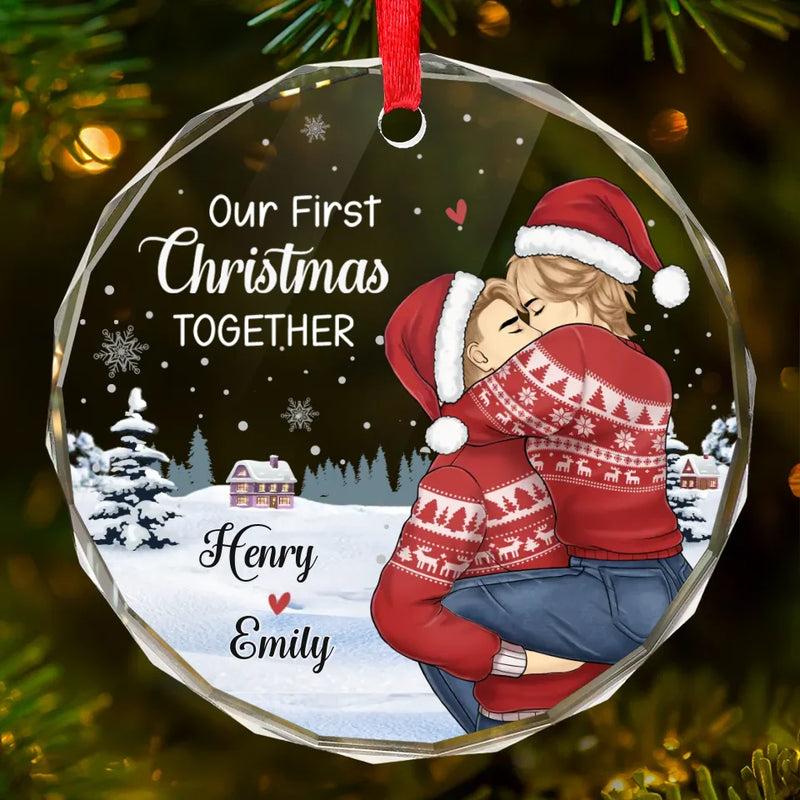 Our First Christmas - Couple Personalized Custom Circle Glass Ornament - Gift For Husband Wife, Anniversary, First Christmas