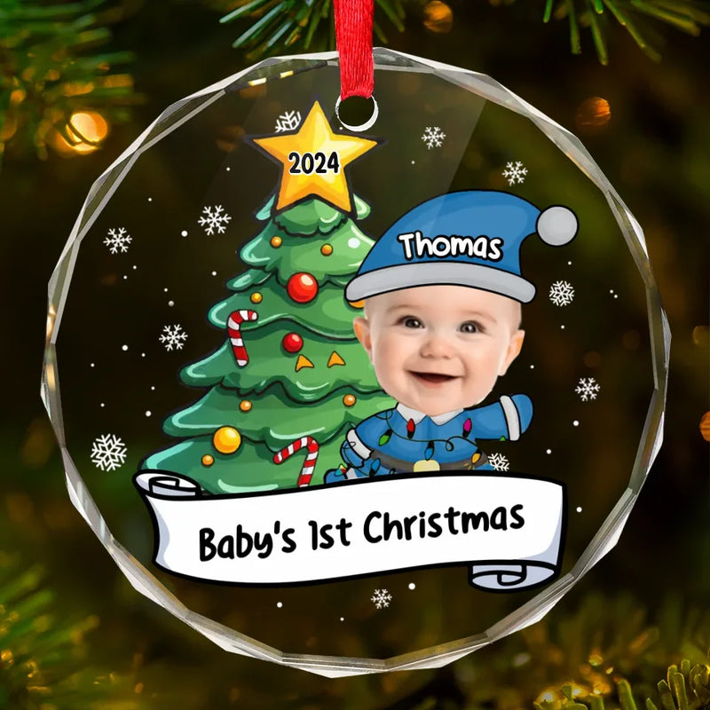 Custom Photo Let's Rock Around The Christmas Tree - Family Personalized Custom Circle Glass Ornament - Christmas Gift For Baby Kids, Newborn Baby, First Christmas