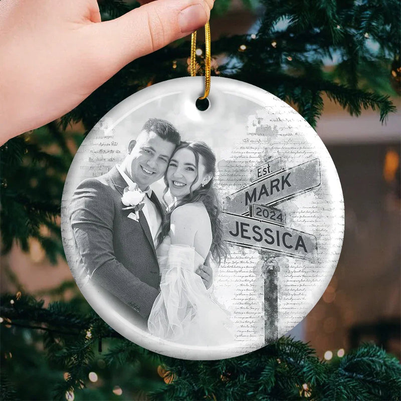 Custom Photo We Create New Traditions Together - Couple Personalized Custom Ornament - Ceramic Round Shaped - Christmas Gift For Husband Wife, Anniversary, First Christmas