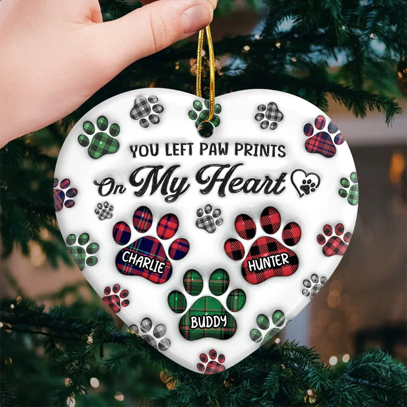 You Left Paw Prints On Our Hearts - Memorial Personalized Custom 3D Inflated Effect Printed Ornament - Ceramic Heart Shaped - Sympathy Gift, Christmas Gift For Pet Owners, Pet Lovers