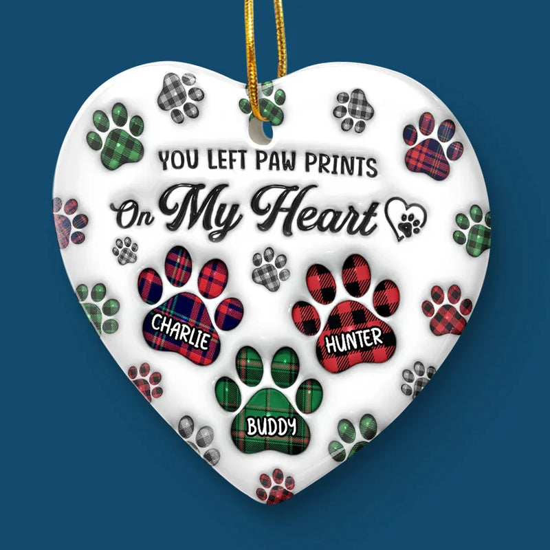 You Left Paw Prints On Our Hearts - Memorial Personalized Custom 3D Inflated Effect Printed Ornament - Ceramic Heart Shaped - Sympathy Gift, Christmas Gift For Pet Owners, Pet Lovers