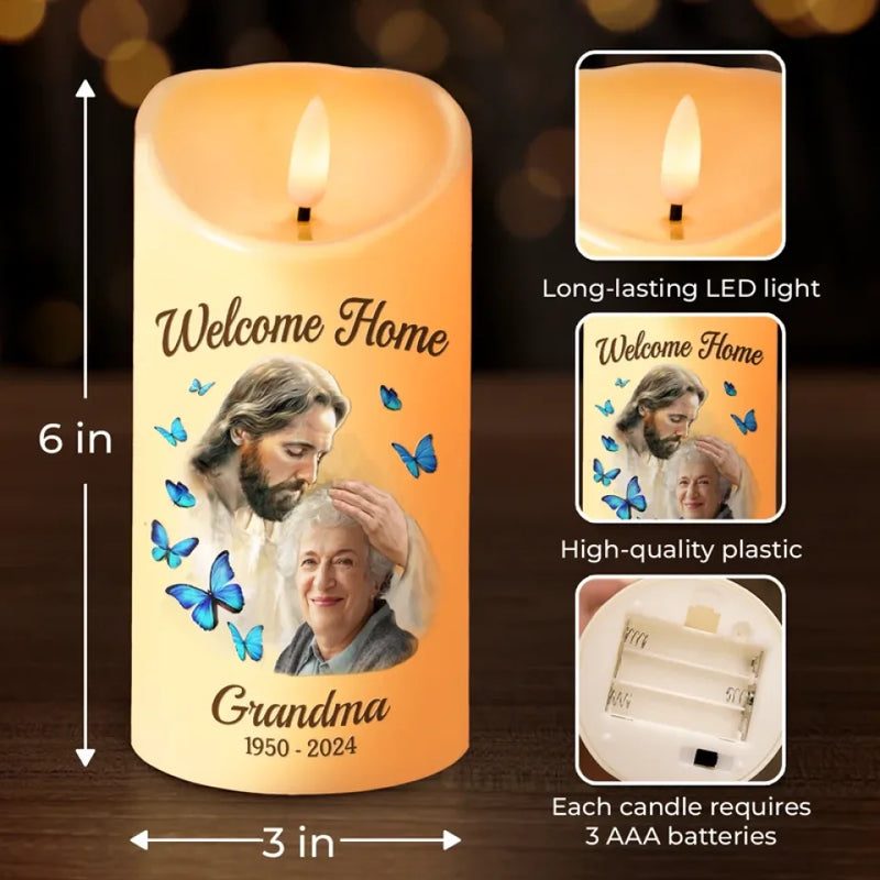 Custom Photo Home With God, But Your Love Will Never Fade - Memorial Personalized Custom LED Candle - Sympathy Gift, Christmas Gift For Family Members