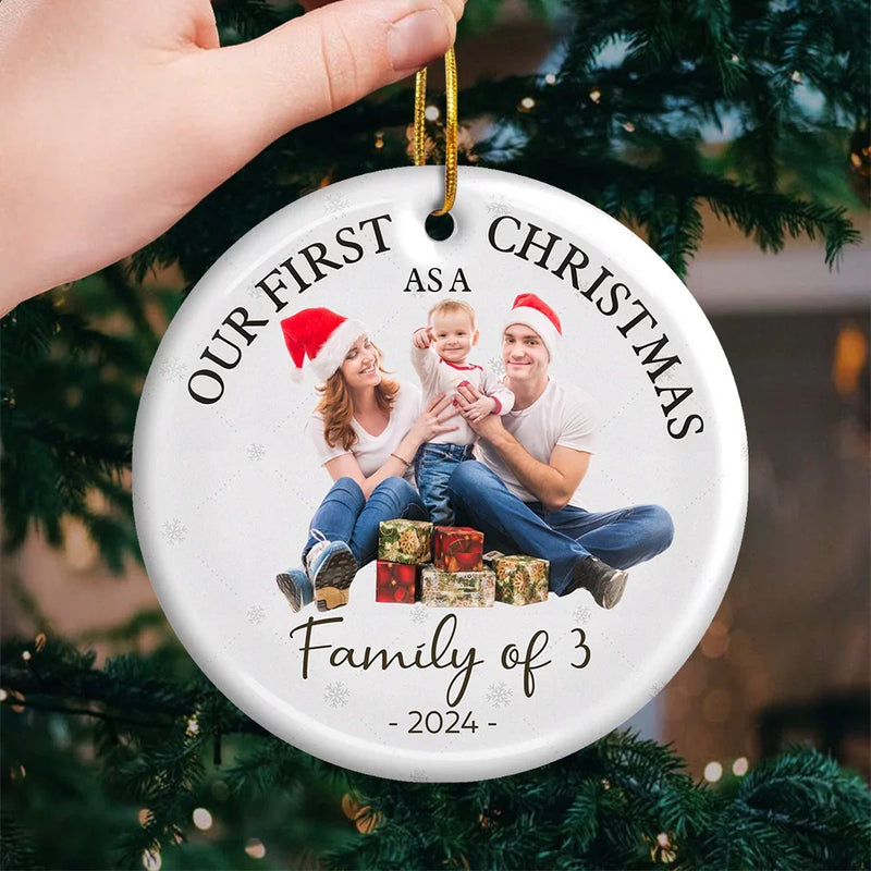 Custom Photo Our First Christmas As A Family - Family Personalized Custom Ornament - Ceramic Round Shaped - Christmas Gift For Family Members, First Christmas