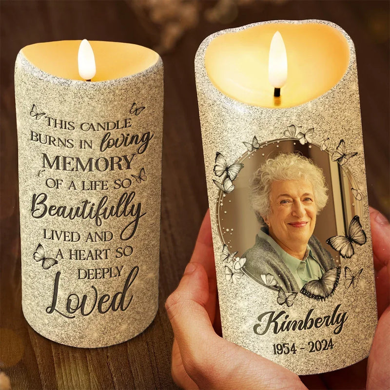 Custom Photo This Candle Burns In Memory Of A Life Well Lived And A Heart Loved - Memorial Personalized Custom LED Candle - Sympathy Gift, Christmas Gift For Family Members