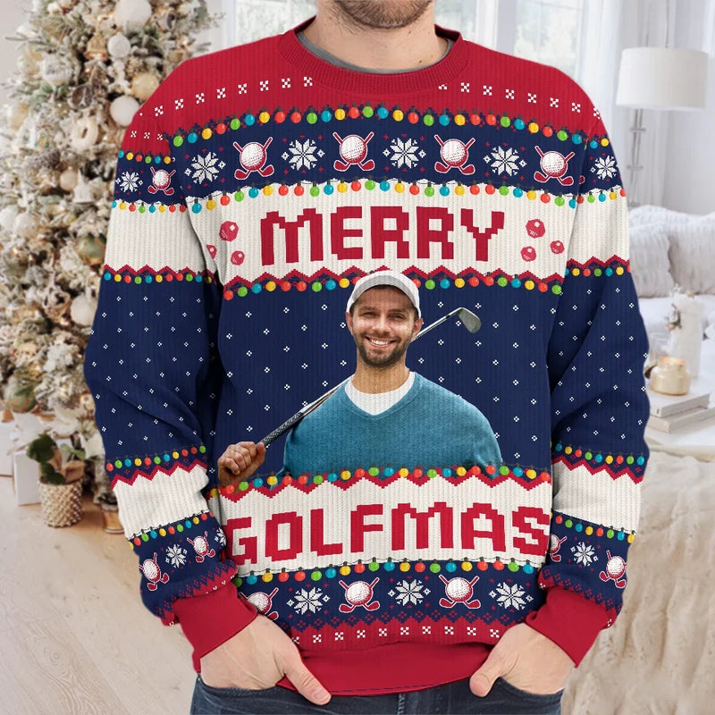 Custom Photo Wishing You Birdies And Holiday Cheer - Sport Personalized Custom Ugly Sweatshirt - Unisex Wool Jumper - Christmas Gift For Golf Players, Golf Lovers