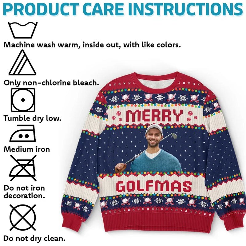 Custom Photo Wishing You Birdies And Holiday Cheer - Sport Personalized Custom Ugly Sweatshirt - Unisex Wool Jumper - Christmas Gift For Golf Players, Golf Lovers